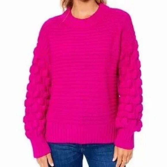 Elodie Chunky Knit Ribbed Neck Sweater Bright Pink Orchid Bubble Sleeve Sz Large - Picture 1 of 8